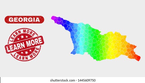 Rainbow colored dotted Georgia map and rubber prints. Red round Learn More scratched seal stamp. Gradient rainbow colored Georgia map mosaic of random small circles.