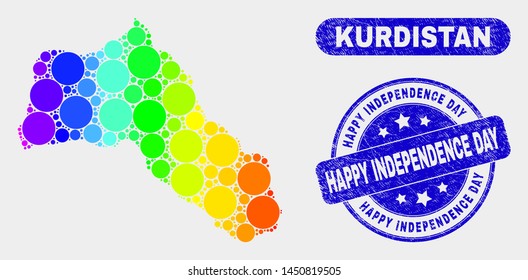 Rainbow colored dotted Kurdistan map and seal stamps. Blue rounded Happy Independence Day textured seal. Gradient rainbow colored Kurdistan map mosaic of randomized small spheres.