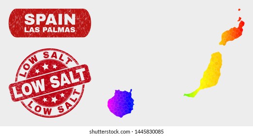 Rainbow colored dotted Las Palmas Province map and stamps. Red rounded Low Salt textured seal stamp. Gradient rainbow colored Las Palmas Province map mosaic of random small spheres.