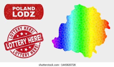 Rainbow colored dotted Lodz Voivodeship map and watermarks. Red round Lottery Here! scratched stamp. Gradient rainbow colored Lodz Voivodeship map mosaic of randomized small spheres.