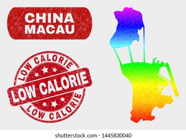 Rainbow colored dotted Macau map and seals. Red round Low Calorie textured watermark. Gradient rainbow colored Macau map mosaic of randomized round elements. Low Calorie seal with scratched texture.