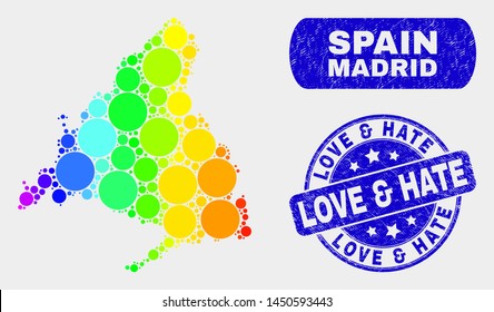 Rainbow colored dotted Madrid Province map and seal stamps. Blue round Love & Hate scratched seal stamp. Gradiented rainbow colored Madrid Province map mosaic of randomized round dots.
