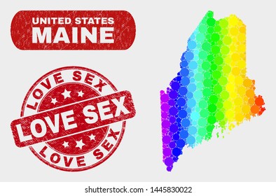 Rainbow colored dotted Maine State map and seal stamps. Red rounded Love Sex grunge seal. Gradient rainbow colored Maine State map mosaic of randomized circle dots.