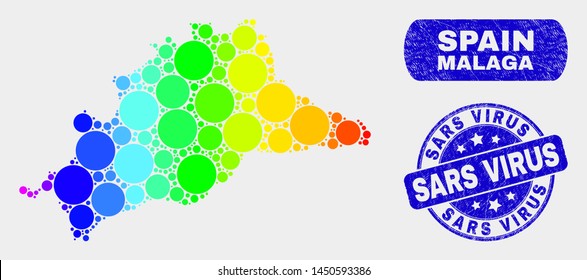 Rainbow colored dotted Malaga Province map and rubber prints. Blue round Sars Virus grunge seal stamp. Gradiented spectrum Malaga Province map mosaic of random round spots.