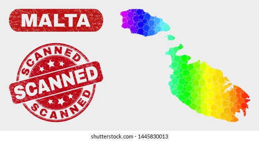 Rainbow colored dotted Malta map and seal stamps. Red round Scanned grunge seal stamp. Gradient rainbow colored Malta map mosaic of random small spheres. Scanned seal stamp with grunged surface.