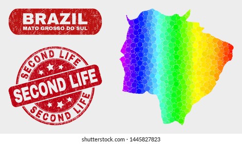 Rainbow colored dotted Mato Grosso do Sul State map and rubber prints. Red round Second Life distress watermark. Gradient spectral Mato Grosso do Sul State map mosaic of randomized small spheres.