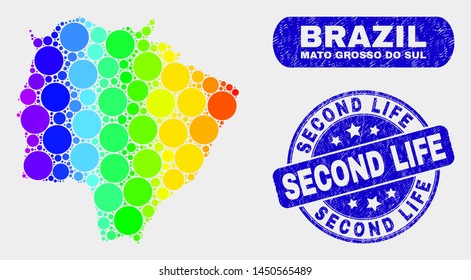 Rainbow colored dotted Mato Grosso do Sul State map and seal stamps. Blue round Second Life textured stamp. Gradiented rainbow colored Mato Grosso do Sul State map mosaic of random round elements.