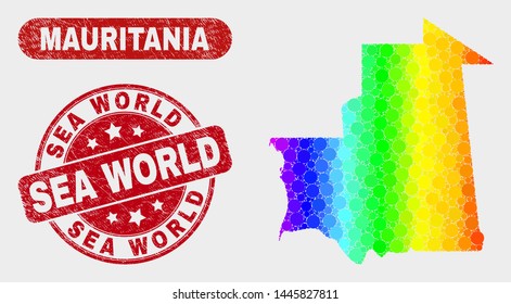 Rainbow colored dotted Mauritania map and rubber prints. Red round Sea World scratched watermark. Gradient rainbow colored Mauritania map mosaic of scattered small circles.