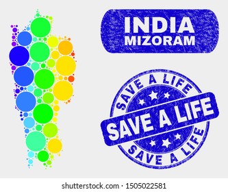 Rainbow colored dotted Mizoram State map and rubber prints. Blue rounded Save a Life scratched seal. Gradient rainbow colored Mizoram State map mosaic of random small spheres.