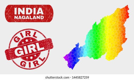 Rainbow colored dotted Nagaland State map and seal stamps. Red rounded Girl scratched seal. Gradient rainbow colored Nagaland State map mosaic of random small spheres.