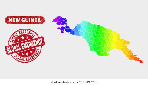 Rainbow colored dotted New Guinea map and stamps. Red rounded Global Emergency textured watermark. Gradient rainbow colored New Guinea map mosaic of randomized circle elements.