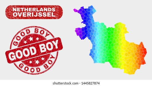 Rainbow colored dotted Overijssel Province map and rubber prints. Red rounded Good Boy scratched seal stamp. Gradient rainbow colored Overijssel Province map mosaic of scattered small circles.