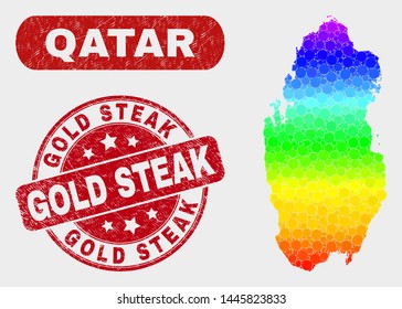 Rainbow colored dotted Qatar map and seal stamps. Red round Gold Steak scratched seal. Gradient rainbow colored Qatar map mosaic of random round elements. Gold Steak seal with grunge texture.