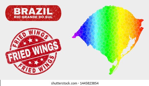 Rainbow colored dotted Rio Grande do Sul State map and rubber prints. Red rounded Fried Wings scratched stamp. Gradient rainbow colored Rio Grande do Sul State map mosaic of random small circles.