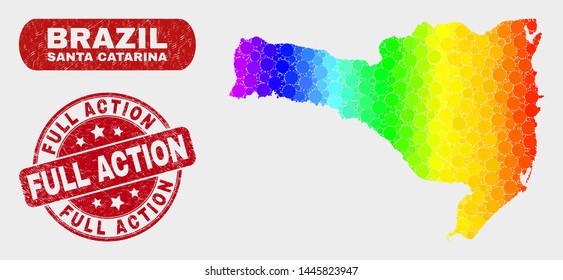 Rainbow colored dotted Santa Catarina State map and rubber prints. Red round Full Action textured seal stamp. Gradient rainbow colored Santa Catarina State map mosaic of random round dots.