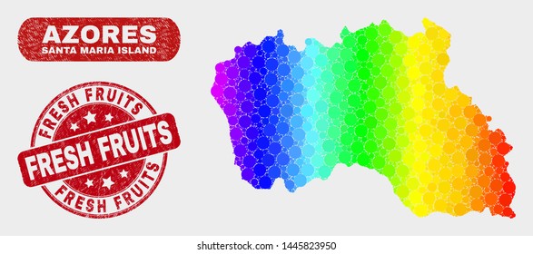 Rainbow colored dotted Santa Maria Island map and seals. Red rounded Fresh Fruits scratched watermark. Gradient rainbow colored Santa Maria Island map mosaic of scattered circle elements.