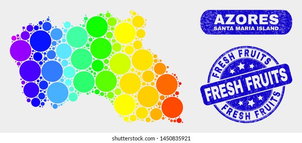 Rainbow colored dotted Santa Maria Island map and seal stamps. Blue round Fresh Fruits grunge seal stamp. Gradiented rainbow colored Santa Maria Island map mosaic of random circle elements.