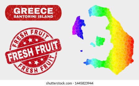 Rainbow colored dotted Santorini Island map and rubber prints. Red rounded Fresh Fruit distress watermark. Gradient rainbow colored Santorini Island map mosaic of scattered small spheres.