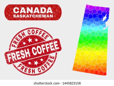 Rainbow colored dotted Saskatchewan Province map and watermarks. Red round Fresh Coffee textured seal stamp. Gradient rainbow colored Saskatchewan Province map mosaic of random round elements.