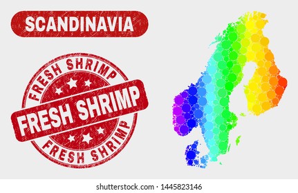 Rainbow colored dotted Scandinavia map and seals. Red round Fresh Shrimp distress seal stamp. Gradient rainbow colored Scandinavia map mosaic of random round elements.