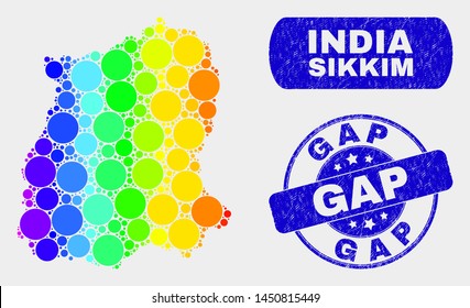 Rainbow colored dotted Sikkim State map and rubber prints. Blue round Gap grunge seal stamp. Gradient spectrum Sikkim State map mosaic of random round elements. Gap stamp with rubber surface.