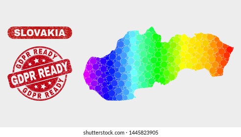 Rainbow colored dotted Slovakia map and watermarks. Red round Gdpr Ready distress seal. Gradient rainbow colored Slovakia map mosaic of scattered small circles.