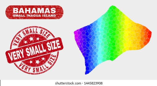 Rainbow colored dotted Small Inagua Island map and seals. Red round Very Small Size scratched seal stamp. Gradient rainbow colored Small Inagua Island map mosaic of scattered small circles.