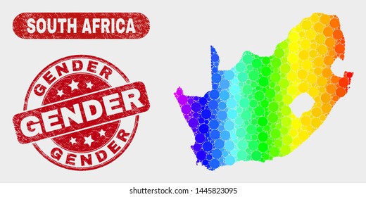 Rainbow colored dotted South African Republic map and stamps. Red round Gender grunge stamp. Gradient rainbow colored South African Republic map mosaic of randomized small circles.