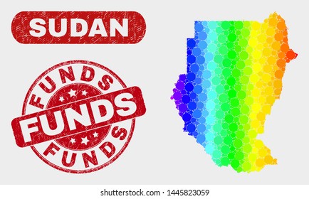 Rainbow colored dotted Sudan map and seals. Red round Funds grunge seal. Gradient rainbow colored Sudan map mosaic of randomized small spheres. Funds seal stamp with grunged surface.