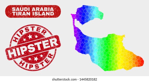 Rainbow colored dotted Tiran Island map and watermarks. Red round Hipster scratched seal stamp. Gradient rainbow colored Tiran Island map mosaic of random small circles.