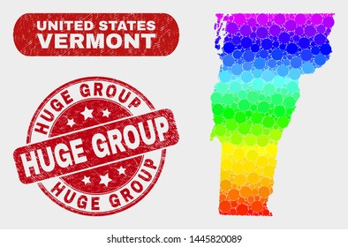 Rainbow colored dotted Vermont State map and watermarks. Red round Huge Group textured seal stamp. Gradient rainbow colored Vermont State map mosaic of randomized round elements.