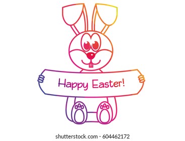 Rainbow colored Easter Bunny with Happy Easter banner, isolated on white