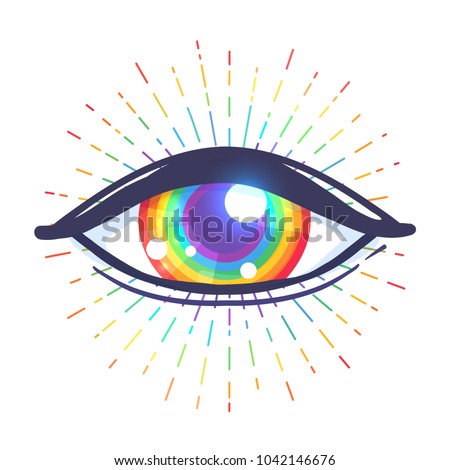 Rainbow colored eye. Flag of LGBT community inside eyeball. Vector illustration  for sticker, pin, greeting card, poster, patch, t-shirt prints.