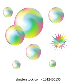 Rainbow colored festive soap bubbles shimmer with all colors, balls and star drawn in vector. Illustration on white background