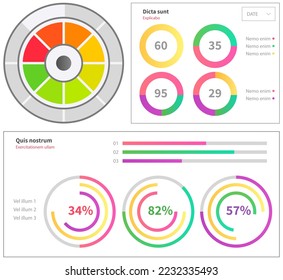 Rainbow colored gauge, colorful scale fields, subdivisions as rating indicators, measuring display instrument. Set of wheel business chart in variety of segments, template for cycle diagram, graphic