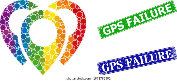 Rainbow colored gradient circle mosaic map markers, and GPS Failure dirty framed rectangle seals. Blue and green seals contain GPS Failure caption inside framed rectangles.