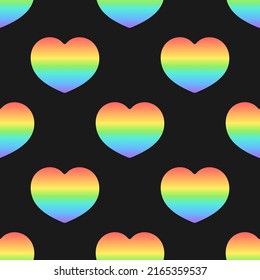 Rainbow colored gradient hearts on black background. Seamless pattern in colors of the LGBT community. Best for prints, posters, cards, stickers and web design.