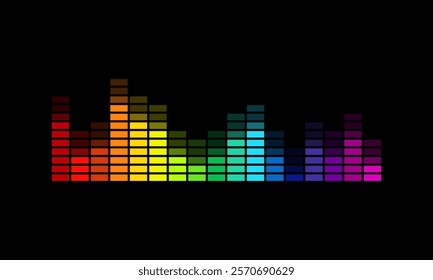 rainbow colored graphic equalizer, colorful sound wave on black background, amplifier frequency levels illustration, audio volume indicator vector illustration