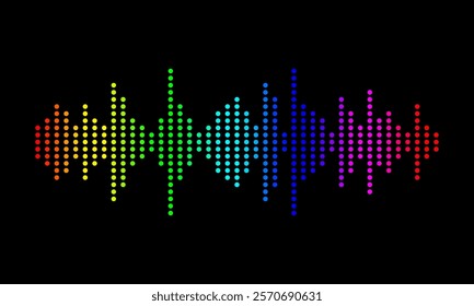 rainbow colored graphic equalizer, colorful sound wave on black background, amplifier frequency levels illustration, audio volume indicator vector illustration