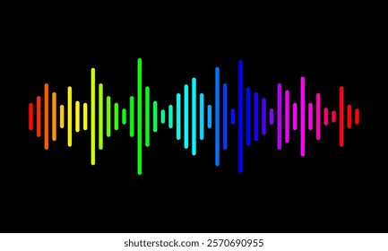 rainbow colored graphic equalizer, colorful sound wave on black background, amplifier frequency levels illustration, audio volume indicator vector illustration