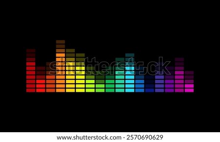 rainbow colored graphic equalizer, colorful sound wave on black background, amplifier frequency levels illustration, audio volume indicator vector illustration