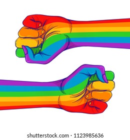 Rainbow colored hand with a fist raised up. Gay Pride. LGBT concept. Realistic style vector colorful illustration. Sticker, patch, t-shirt print, logo design.