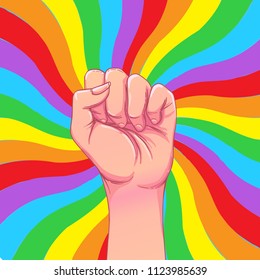 Rainbow colored hand with a fist raised up. Gay Pride. LGBT concept. Realistic style vector colorful illustration. Sticker, patch, t-shirt print, logo design.