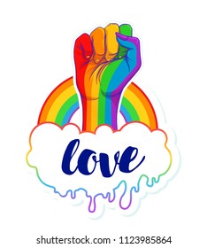 Rainbow colored hand with a fist raised up. Gay Pride. LGBT concept. Realistic style vector colorful illustration. Sticker, patch, t-shirt print, logo design.