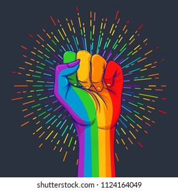 Mano de color arcoiris con puño levantado. Orgullo gay. Concepto LGBT. Ilustración vectorial de estilo realista. Pegatina, parche, impresión en pantalones t, diseño de logotipo.