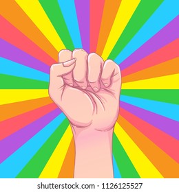 Rainbow colored hand with a fist raised up. Gay Pride. LGBT concept. Realistic style vector colorful illustration. Sticker, patch, t-shirt print, logo design.