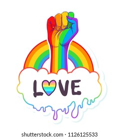 Rainbow colored hand with a fist raised up. Gay Pride. LGBT concept. Realistic style vector colorful illustration. Sticker, patch, t-shirt print, logo design.