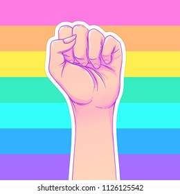 Rainbow colored hand with a fist raised up. Gay Pride. LGBT concept. Realistic style vector colorful illustration. Sticker, patch, t-shirt print, logo design.