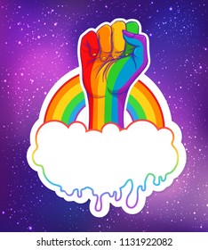 Rainbow colored hand with a fist raised up. Gay Pride. LGBT concept. Realistic style vector colorful illustration. Sticker, patch, t-shirt print, logo design.