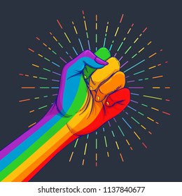 Rainbow colored hand with a fist raised up. Gay Pride. LGBT concept. Realistic style vector colorful illustration. Sticker, patch, t-shirt print, logo design.